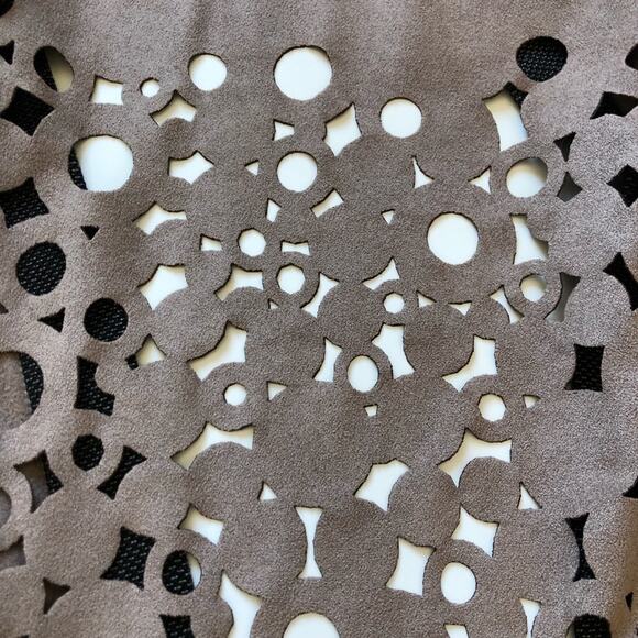 Ming Wang Heritage Laser Cut Faux Suede Open Jacket M Tan Black EUC - Picture 11 of 15